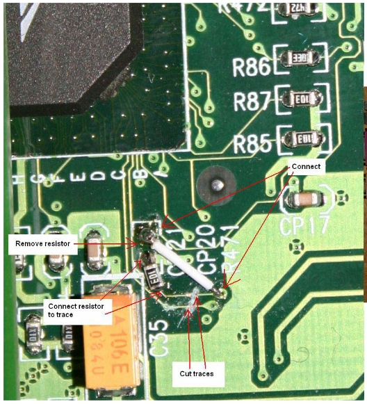 This is how Eyetech's DMA-fix looks from the top of the motherboard. For complete DMA-fix see documentation.