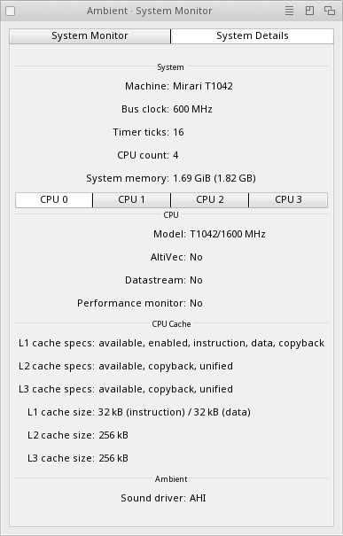 Screenshot of System monitor with CPU specs